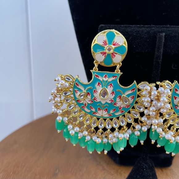 Mint Green Meenakari Chandbali Earrings | Floral Enamel Dangle - Picture 6 of 10